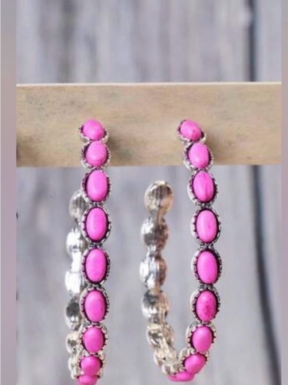 NWOT Western Hoop Earrings Hot Pink Faux Turquoise w Silver Tone Costume Jewelry
